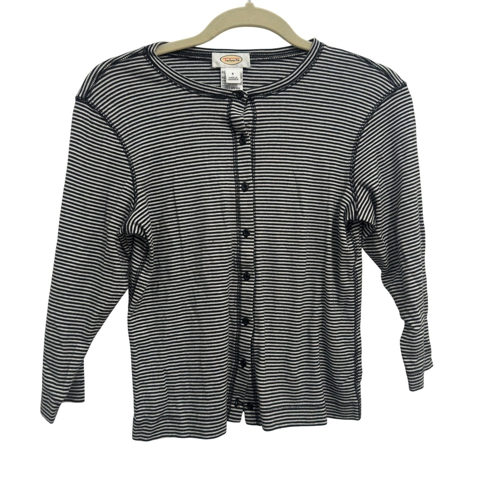 Talbots Cardigan Top Navy White Stripe Ribbed Cotton Button Front Nautical S